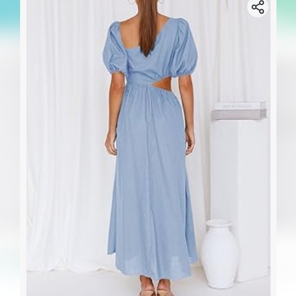 BTFBM Puff Sleeve Asymmetrical Neck High Waist Cutout Swing Maxi Dress Blue SZ M - Picture 3 of 9